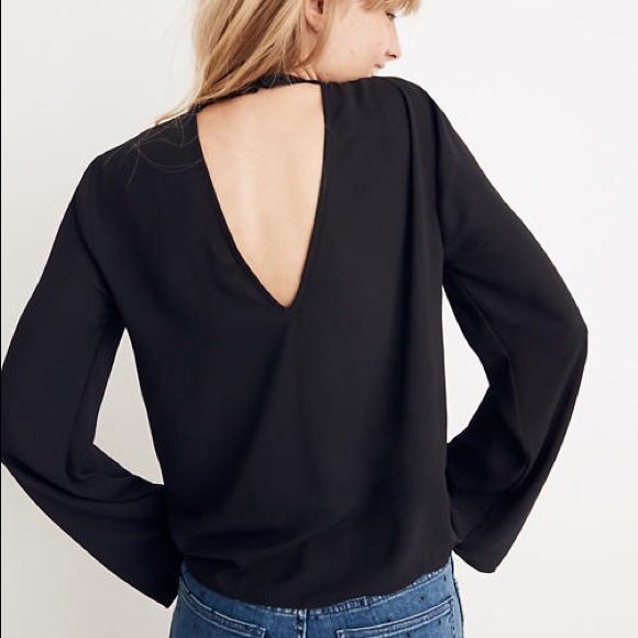 Madewell NWOT Bell Sleeve Tie Top Black Blouse XS - Picture 2 of 6